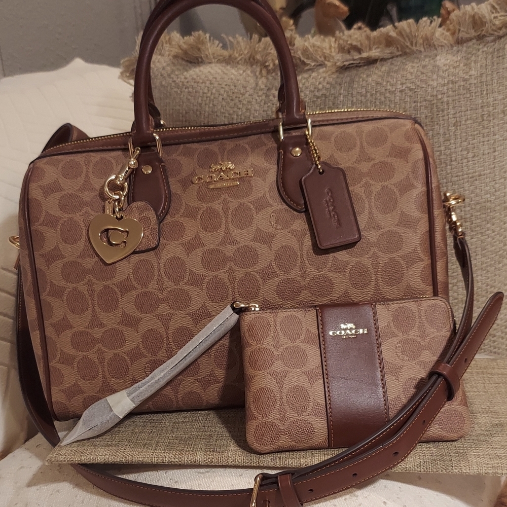 Coach Extra Large Rowan Satchel in Tan & Brown w Wristlet & Charm